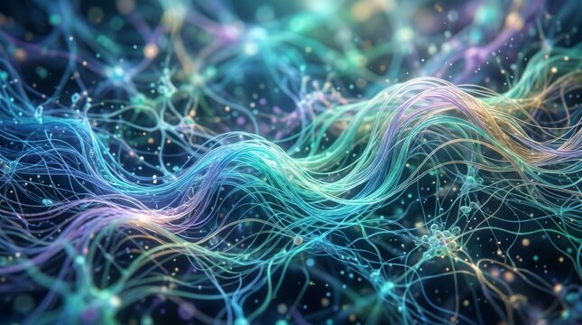 Abstract microscopic view of glowing organic neural network fibers with bokeh