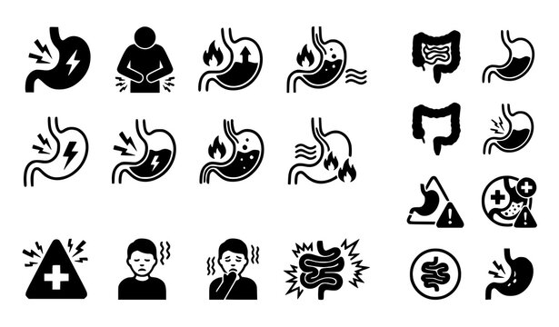 Collection of stomach ache, digestion and gut health silhouette icons