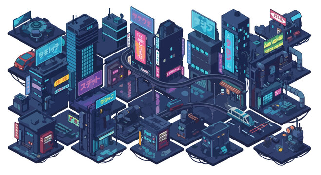 Cyberpunk isometric city vector, futuristic urban landscape with neon skyscrapers, dark sci-fi metropolis with glowing billboards and monorail