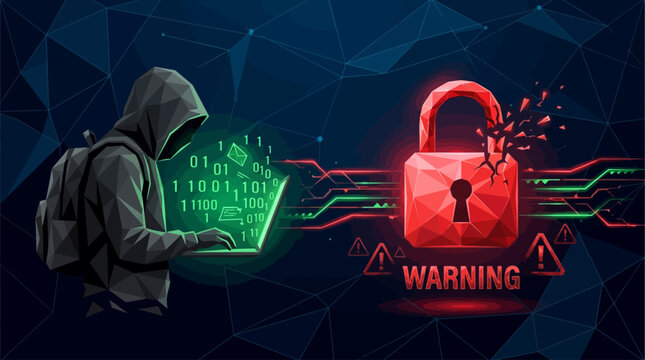 Cyber security threat concept with hacker silhouette in low poly style. Glowing red lock icon on dark digital background symbolizes online fraud and cyber attack danger. Vector illustration