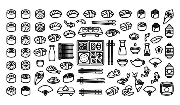 Large set of hand-drawn sushi and seafood doodle illustrations
