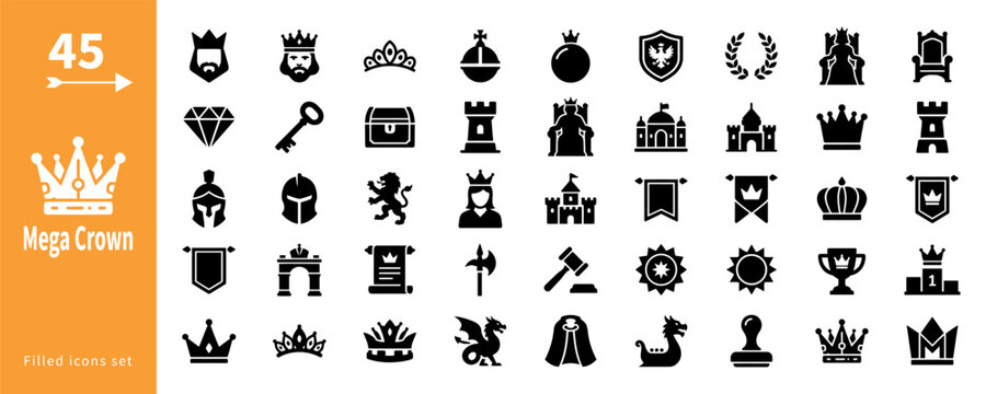 Mega crown icon set. 45 royal crown symbols for design. Vector illustration