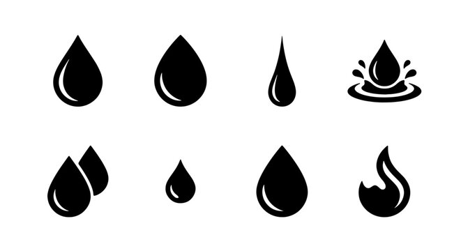 Water Drop Icons, Liquid Splashes, Fluid Shapes, Essential Wet Elements, Simple Black Vector Graphics for Design Projects