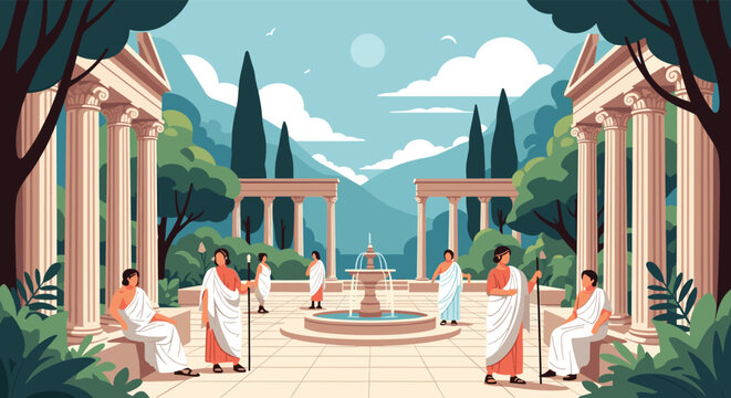 Ancient Greek or Roman citizens wearing white togas gathering in a classical courtyard with marble columns and a fountain.