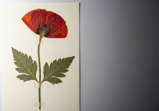 Detailed close-up of a dried botanical specimen showing leaves, stem, and flower pressed onto archival paper for scientific study and collection, laboratory, archival, taxonomy
