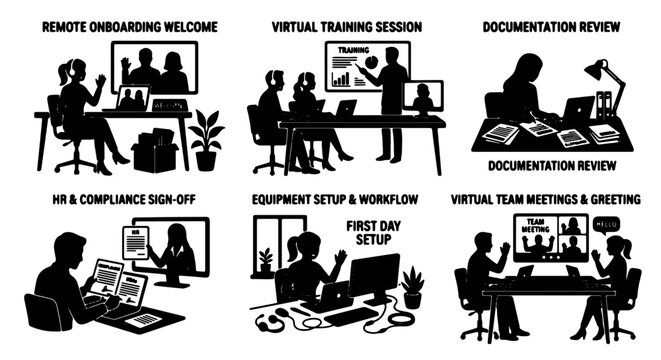 Remote Work Onboarding & Training Icons: Virtual Meetings, Documentation, HR Sign-off, Equipment Setup, First Day Workflow, 6 Vector Elements