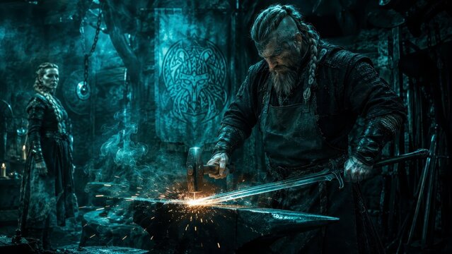Viking forge under teal skies