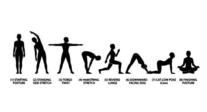 Yoga Poses Silhouette Set, 8 Poses Vector Collection for Fitness and Wellness Graphics, Illustrated Sequence for Exercise Guides