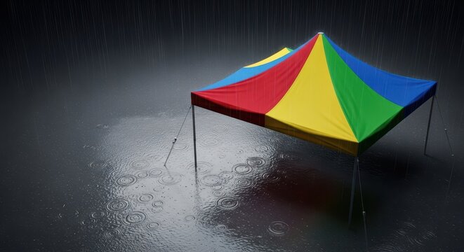 Heavy downpour splashing against the pavement while a colorful canopy provides essential shelter and protection from the elements and bad weather, drizzle, liquid, bad weather