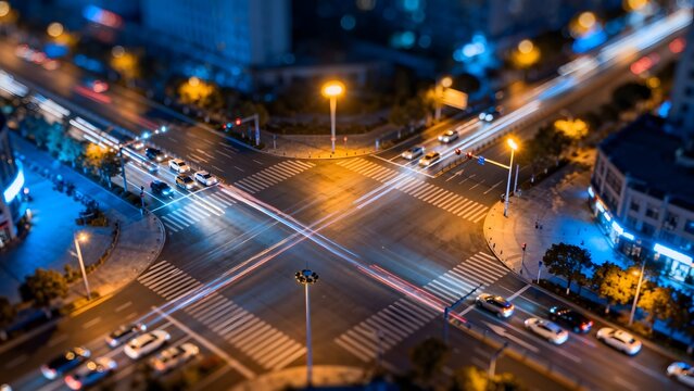 Nighttime city intersection with traffic