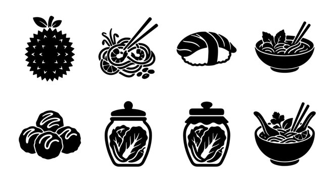 Asian Food Icons Set: Sushi, Noodles, Dumplings, Pickled Cabbage, and Exotic Fruit Vector Graphics for Culinary Design