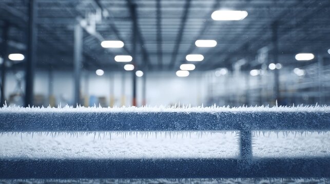 Metal railings within a temperature controlled storage facility building up frost and ice, creating a chilling atmosphere in the large industrial space