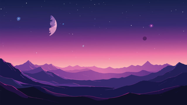 Fantasy mountain landscape vector illustration with glowing night sky, stars, planets and purple twilight horizon in modern flat design style with serene cosmic scenery.