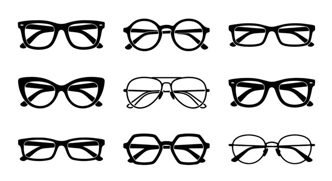 Collection of Nine Black Eyewear Styles, Diverse Optical Frames, Modern and Vintage Spectacle Designs, Vector Icons for Fashion and Vision Care