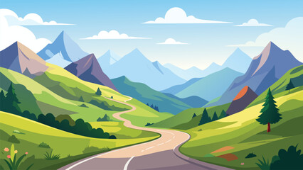 Scenic mountain valley vector illustration with winding road, green hills, pine trees and blue sky in modern flat design style featuring peaceful countryside nature scenery. © AbdulRehman