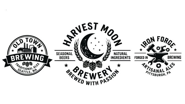 Collection of vintage brewing company logos with artisanal ale and craft beer designations