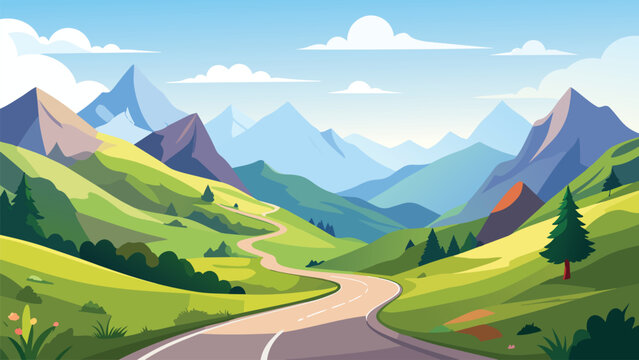Scenic mountain valley vector illustration with winding road, green hills, pine trees and blue sky in modern flat design style featuring peaceful countryside nature scenery.