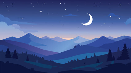 Night mountain landscape vector illustration with crescent moon, glowing stars and pine forest under dark blue sky, peaceful scenic nature background for travel and outdoor themes. © AbdulRehman