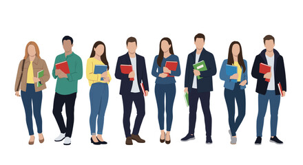 Obraz premium Group of eight diverse students standing in a row while holding various books and notebooks for school or university.