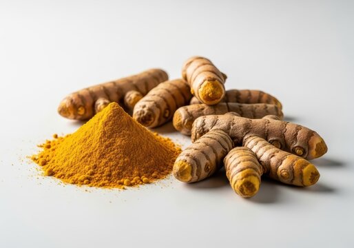 Vibrant yellow turmeric powder and rough fresh rhizomes arranged together, highlighting the spice's powerful color and medicinal properties, yellow, nutrition, anti inflammatory