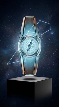 Celestial Aquamarine Bronze Crystal Pyxis Compass Of Pyxis Constellation Levitating Above Obsidian Pedestal