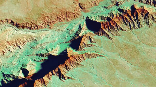 Grand canyon style aerial view of carved river channels and rugged geological formations, showcasing textured desert plateaus, deep valleys and dramatic erosion patterns
