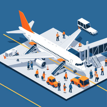 Airplane at airport terminal with jet bridge and ground crew.