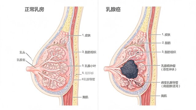 Breast Cancer vs Normal Breast Anatomy Medical Illustration, Side-by-Side Comparison of Healthy Breast Tissue and Malignant Breast Cancer Tumor, Showing Breast Cancer Mass, Diseased Ductal Tissue and 
