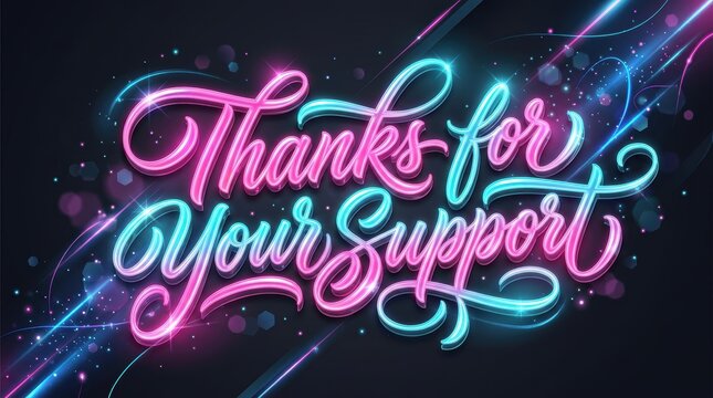 Thanks for Your Support, unique custom lettering with fluid brush script and dynamic swashes, glowing neon pink and cyan glass effect, transparent acrylic depth, sparkling reflections