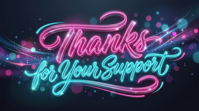 Thanks for Your Support, unique custom lettering with fluid brush script and dynamic swashes, glowing neon pink and cyan glass effect, transparent acrylic depth, sparkling reflections