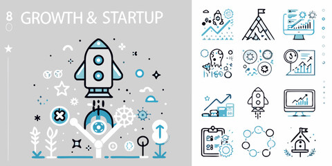 growth and startup icons set with rocket graph and business elements in a light blue style © Suranjan