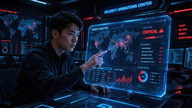 Detailed portrait of an Asian male cybersecurity expert analyzing complex threat data on futuristic glowing holographic screens in a high-tech dark command center for network security.