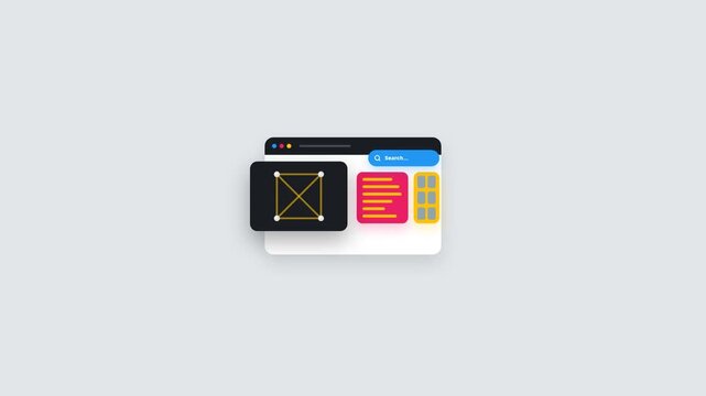 Flat design illustration of a web browser interface with colorful buttons and charts on a clean white background.