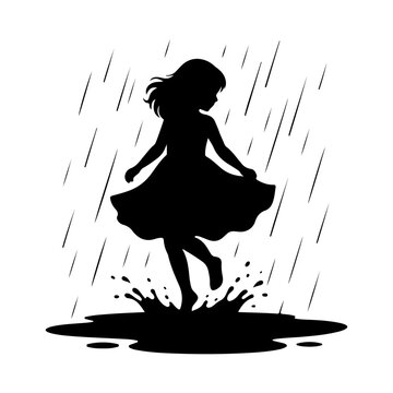 Silhouette of a happy girl dancing and jumping in a rain puddle vector