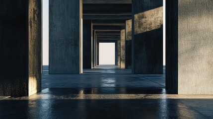 Fototapeta premium Concrete pillars and beams forming a repeating perspective tunnel, with warm sunlight creating strong shadows and reflections on the wet, textured floor