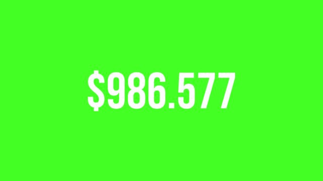 Five million dollar counting animation from zero to five million on a transparent background, 0 to 5,000,000 dollar money counter animation with alpha channel in 4k. 