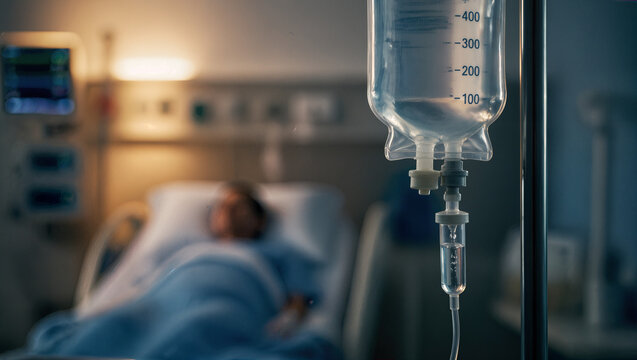 Dramatic close-up of a clear medical IV drip bag hanging in a serene hospital room with a softly blurred patient and medical equipment in the background under gentle atmospheric lighting.