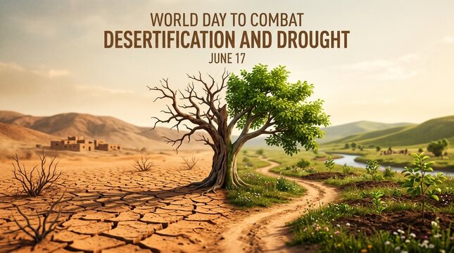 A symbolic tree shows contrast between desertification and lush greenery