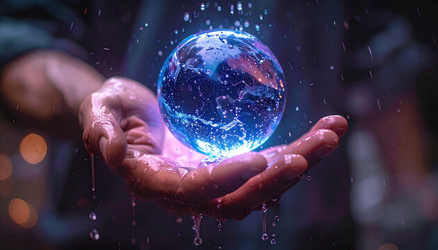 mano di persona adulta mentre regge e fa levitare una grande sfera di ghiaccio che si scioglie, su sfondo sfuocato ed astratto, illustrazione 3D