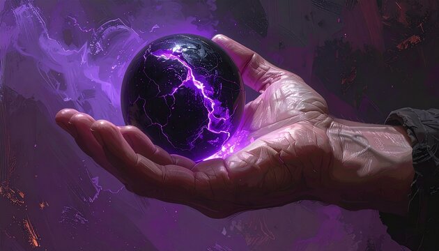 mano di persona adulta che regge una grande sfera di colore nero con scariche elettriche viola, su sfondo nero e viola scuro, illustrazione 3D