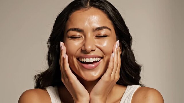 beautiful young hispanic woman with glowing healthy skin touching cheeks and smiling with closed eyes. natural beauty, skincare routine, dermatology concept. cosmetic product presentation.