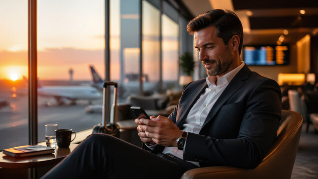 Successful businessman using a smartphone in a modern airport lounge with warm sunset light streaming through windows, featuring shallow depth of field and professional travel atmosphere.
