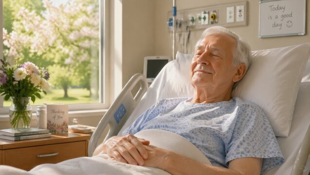 An elderly man rests peacefully in a modern hospital ward, his expression calm as soft spring light enters through the glass, representing quiet recovery and high-quality healthcare in a nursing home.