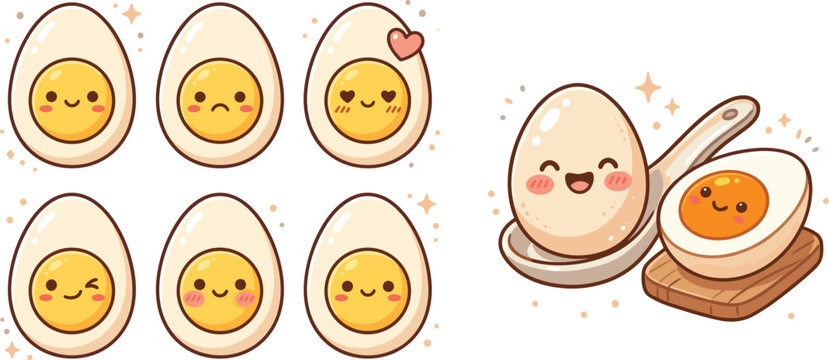 Cute boiled egg characters with happy faces in a playful arrangement with sparkles