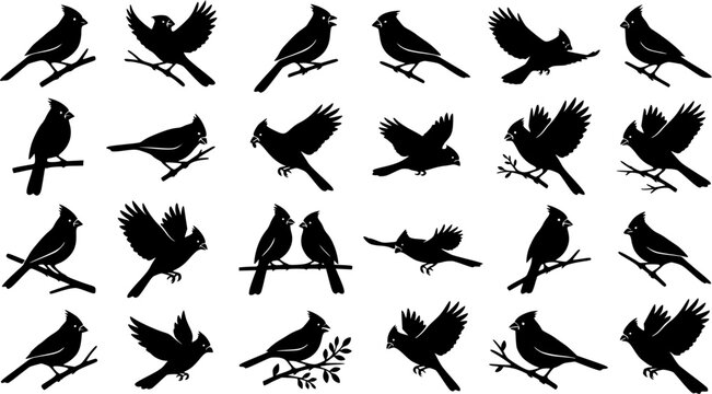 Northern Cardinal Bird Silhouette Set, Cardinal Bird Silhouette Vector Collection, Northern Cardinal Birds Clipart