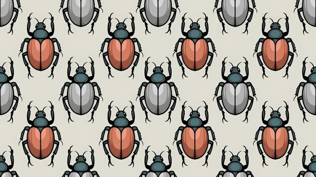 Repetitive pattern of stylized beetles in warm and cool tones on a textured background.