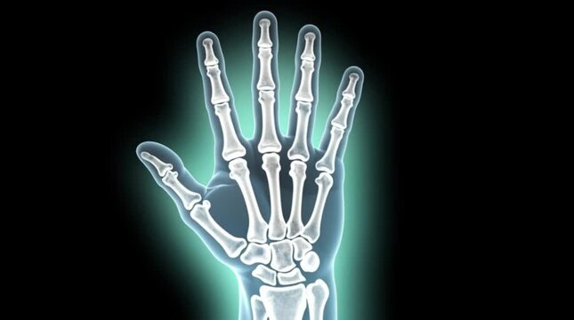 X-ray image of a human hand skeleton.