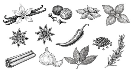 Fototapeta premium Set of hand-drawn spice and herb illustrations including cinnamon, garlic, chili, star anise, vanilla, and peppercorns.