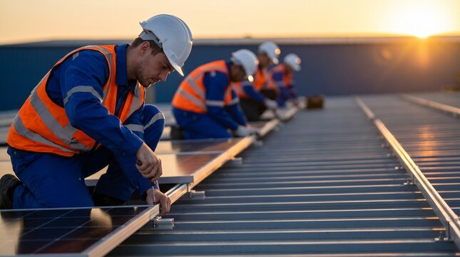 Construction workers installing solar panels on a rooftop at sunset, symbolizing renewable energy and sustainable development