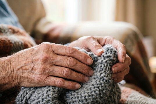 Senior hands holding knitted wool